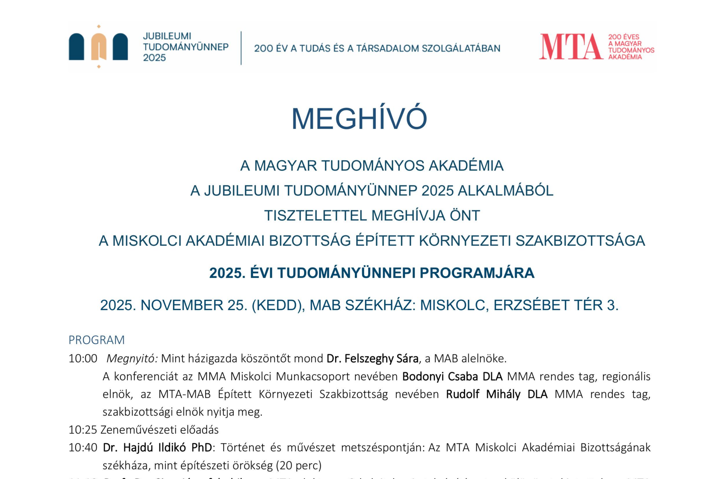 2025. ÉVI TUDOMÁNYÜNNEPI PROGRAMJÁRA Miskolc