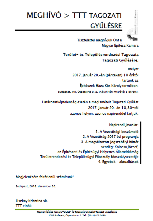 Terület- és Településrendezési Tagozata Tagozati Gyűlése - 2017.01.20