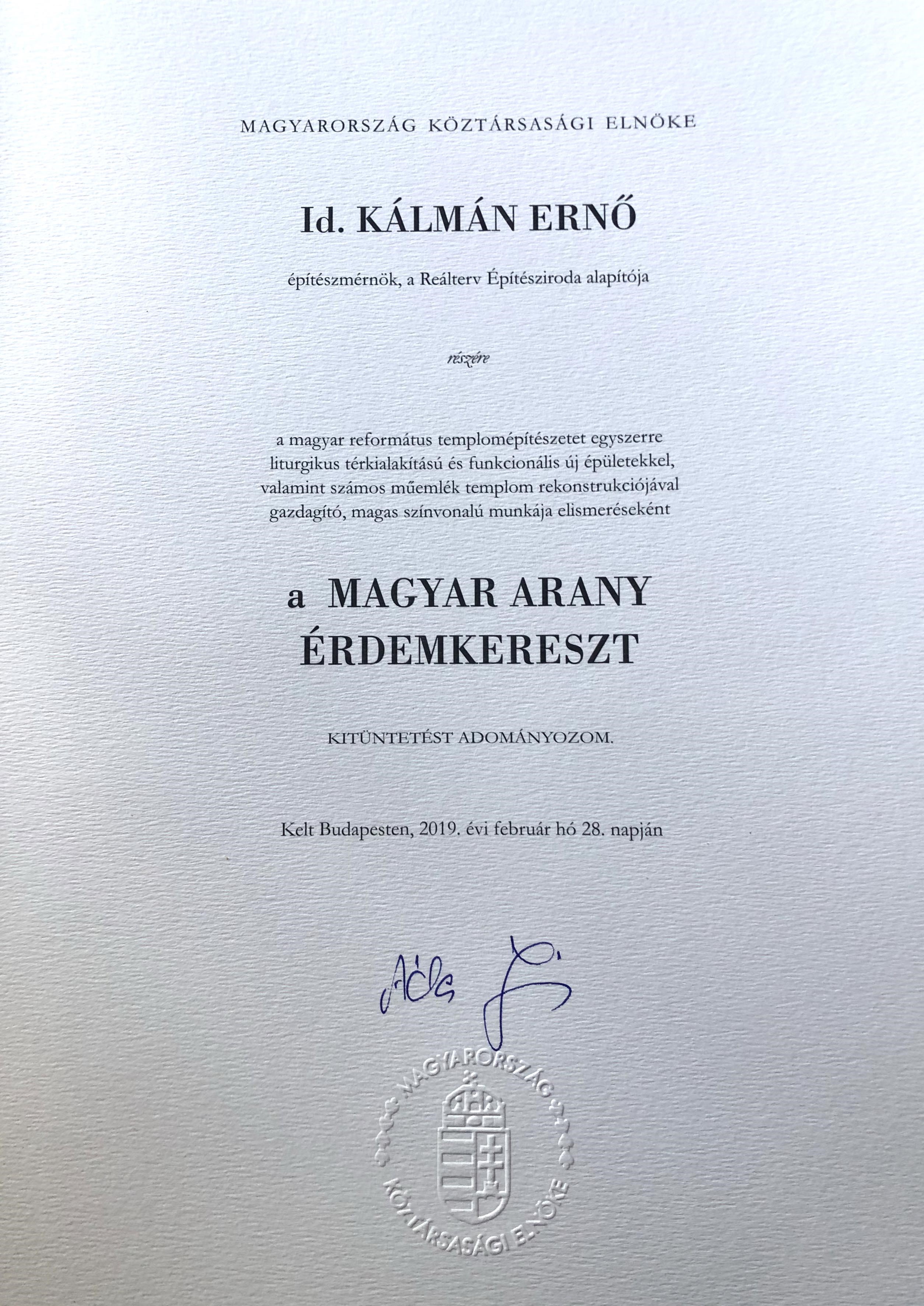 Gratulálunk id. Kálmán Ernő építészmérnöknek